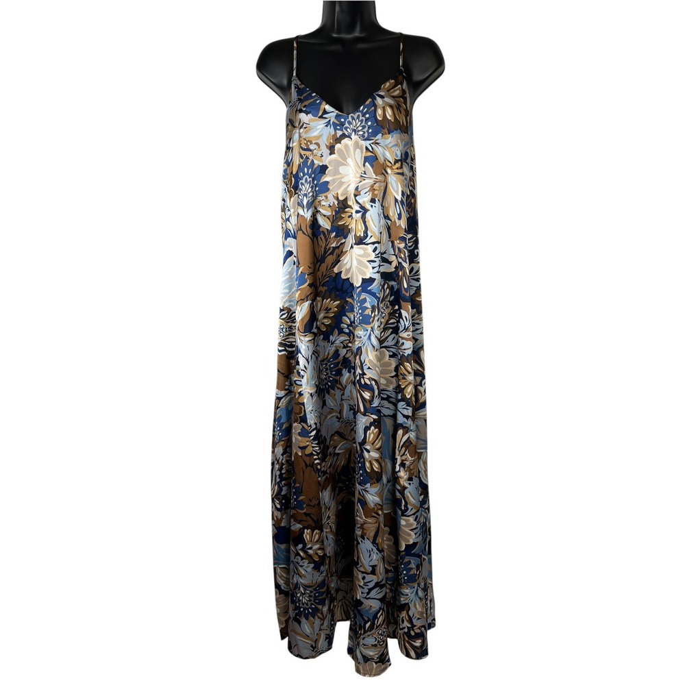 NWT Tahari Sz S Dress Satin Long Maxi Blue Beige Brown Beach Resort Vacation New